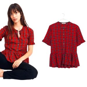 Madewell Studio Ruffle Hem Top Clanton Plaid Peplum Red Blouse Short‎ Sleeve XS